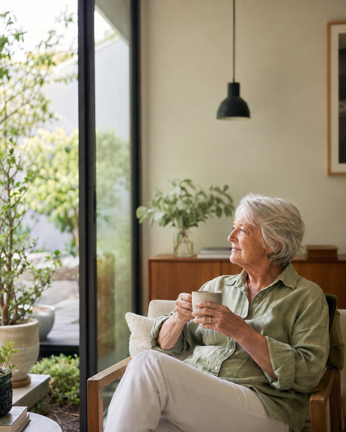 An older woman relaxing with tea in a bright home